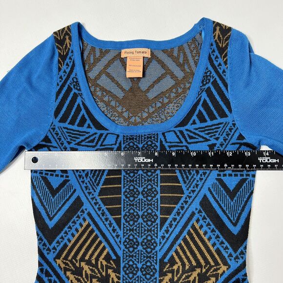 Flying Tomato Size XS Blue Multi Aztec Fit And Flare Asymmetrical Sweater Dress - Picture 5 of 7